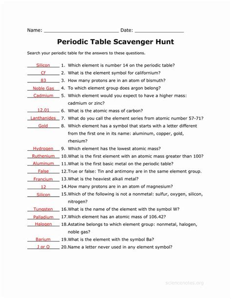 hunting the elements worksheet middle school
